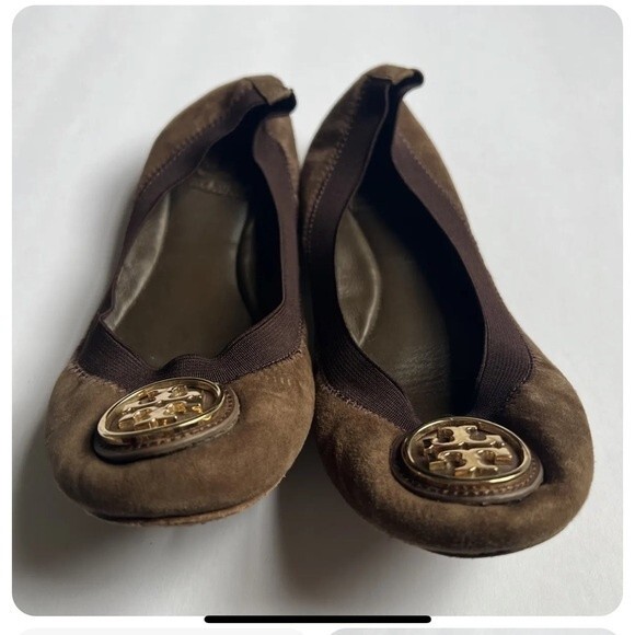 Tory Burch Shoes - Tory Burch Brown Gold top Logo Elastic Ballet Suede Leather Flat Shoes Sz 6M